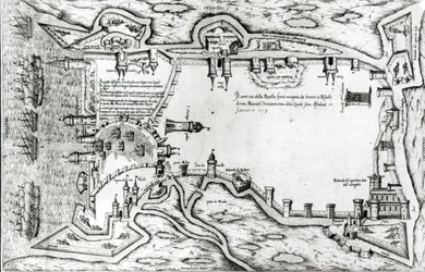 Mapa ilustrująca La Rochelle zajęte przez hugenotów