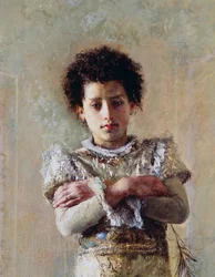 Akrobata, detal, Antonio Mancini (1852-1930), olej na płótnie, 250,5x111,5 cm