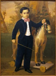 Portret małego chłopca z drewnianym koniem. Obraz Antonio Marii Esquivela (1806-1857), olej na płótnie, ves 1851. Muzeum Sztuk Pięknych w Sewilli, Hiszpania.