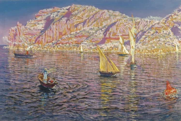 Widok na Zatokę Palma de Mallorca - Munoz Degrain, Antonio (1840-1924) - ok. godz. 1905 - Olej na płótnie - 89x133,5 - Muzeum Carmen Thyssen, Malaga