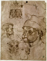 Cztery głowy mężczyzn, z których dwie mają trzy twarze. Ołtarz. Koń. Rysunki z warsztatu Antonio di Puccio Pisano dit Pisanello (1395-1455). Brązowy atrament, długopis (rysunek), krew. Wymiary: 27,1x20,5cm. Luwr, Gabinet Medali.