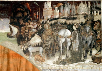 Święty Jerzy uwalniający księżniczkę z Trebizondu, detal. Fresk Antonia Pisana, zwanego Pisanello (ok. 1380-1455), 1436-1438, Werona, Chiesa di Sant