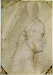 Głowa młodej kobiety, z profilu po prawej stronie. Rysunek warsztatu Antonio di Puccio Pisano dit Pisanello (1395-1455). Brązowy atrament, czarny kamień, piórko. Wymiary: 24,6x17,2 cm. Luwr, Gabinet dessins.