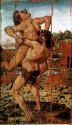 Dwanaście dzieł Herkulesa: „”Heracles (Hercules) Lift the Giant Ante”” Obraz Antonio Benci pt. The Pollaiolo (Pollaiuolo) (1431–1498)