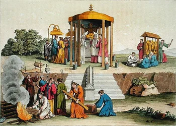 Japońska ceremonia ślubna, ilustracja z „Le Costume Ancien et Moderne” Giulio Ferrario, wydana ok. 1820-30 (kolorowa grawerunek)