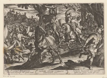 Absalom drzwi Joab gedood Absolan upada ze zwisającymi włosami (tytuł na obiekcie) Oudtestamentische strijdscenes (tytuł serii)