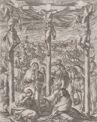 Chrystus ukrzyżowany między dwoma złodziejami, trzema Mariami u stóp krzyża, 1612.