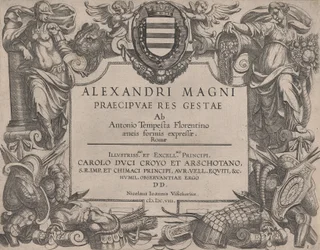 Frontyspis do życia Aleksandra Wielkiego, po lewej Bellona, a po prawej kobieta…, 1608.