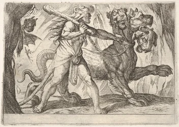 Herkules i Cerber: Herkules chwyta za kołnierz Cerbera, po lewej pojawiają się dwa demony..., 1608.