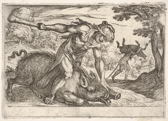 Herkules i Dzik Erymantusa: Herkules przytrzymuje pysk dzika lewą ha..., 1608.