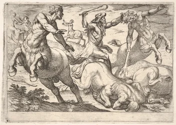 Hercules and the Centaurs: Hercules trzyma głowę centaura lewą ręką i rai..., 1608.