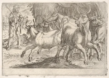 Herkules i woły z Geryones: z maczugą podniesioną w prawej ręce, Herkules konfrontuje..., 1608.