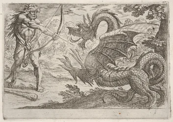 Hercules and the Serpent Ladon: Hercules napina łuk, wznoszący się wąż pojawia się w pro..., 1608.
