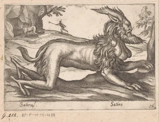 potworne stworzenie Satirus/ Satiro (tytuł na obiekcie) Zwierzęta i mityczne stworzenia (tytuł serii) Nova raccolta de li animali piu curiosi del mondo (tytuł serii)