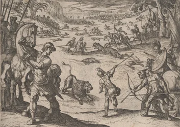 Płyta 11: Polowanie na lwa Aleksandra, z Czynów Aleksandra Wielkiego, 1608.,