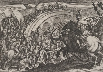 Ilustracja 11: Wojska Cywilów przekraczające rzekę Mozę, z filmu Wojna Rzymian przeciwko…, 1611.