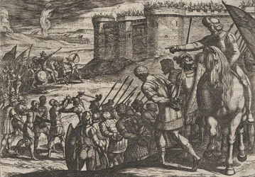 Tablica 16: Jeńcy rzymscy przed starą fortecą, z Wojna Rzymian przeciwko B..., 1611.