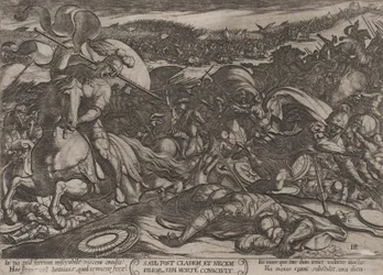 Tablica 18: samobójstwo Saula po klęsce poniesionej z rąk Filistynów, z „The Battl...”, ok. 1590-ok. 1610.