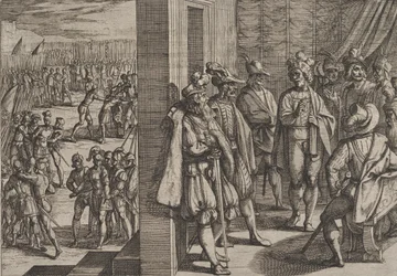 Tablica 18: Tajne spotkanie Cywilisa z innymi przywódcami z Trewiru, z Wojny Rzymian przeciw Batawom, 1611.