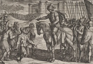 Obrazek 19: Ludzie z fortecy poddają się i przysięgają swoje życie Civilis, z Wojny…, 1611.