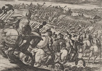 Ilustracja 25: Rzymski dowódca Cerialis atakuje w pobliżu Trewiru, z Wojna Rzymian Agai..., 1611.