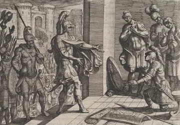 Ilustracja 26: Cerialis przebacza i odciąża rzymskich żołnierzy, którzy pomogli Civilis, z The Wa..., 1611.