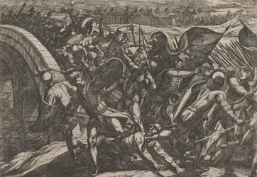 Ilustracja 27: Holendrzy podczas ataku z zaskoczenia na obóz rzymski nad Mozelą, z Wa..., 1611.