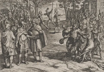 Ilustracja 2: Rzymianie biorący starych Holendrów jako zakładników i uwodzący młodych, z filmu Wojna..., 1611.