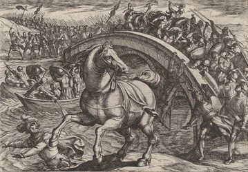 Płyta 31: Cywilis zmuszony do zsiadania i pływania przez rzekę, z Wojna Rzymian..., 1611.
