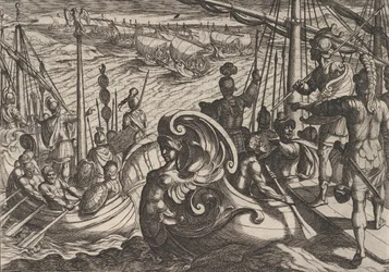 Tablica 33: Flotylle holenderskie i rzymskie nad Renem, z The War of the Romans Against the B..., 1611.