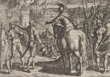 Tablica 34: Rzymianie palą holenderską wieś, z Wojna Rzymian przeciwko…, 1611.