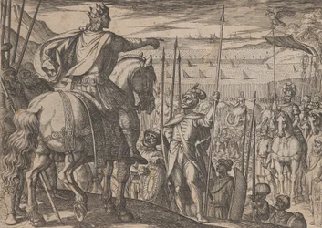 Ilustracja 3: Aleksander instruuje swoich żołnierzy, z Czynów Aleksandra Wielkiego, 1608.