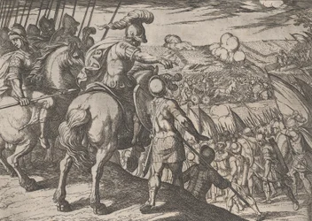 Tablica 5: Aleksander kierujący bitwą, z Czynów Aleksandra Wielkiego, 1608.,