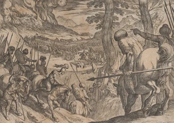 Ilustracja 8: Aleksander otacza wrogie oddziały ogniem, z Czyny Aleksandra ..., 1608.