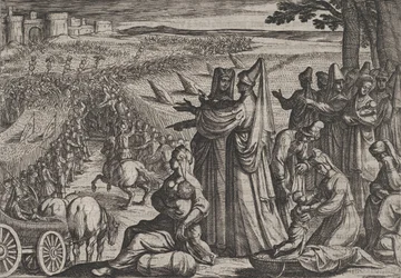 Tablica 8: Kobiety i dzieci obserwują walkę Cywilów z Rzymianami, z filmu Wojna Romów..., 1611.