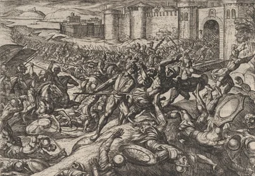 Ilustracja 9: Rzymianie pokonani przez oddziały holenderskie w Bonna, z Wojna Rzymian Agai..., 1611.