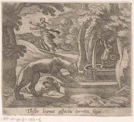 Thisbe vlucht voor leeuwin przez bron Ten aspekt terytorium fugit (tytuł na przedmiocie) Metamorfoza i transformacja (tytuł serii) Metamorfozy Owidiusza (tytuł serii)