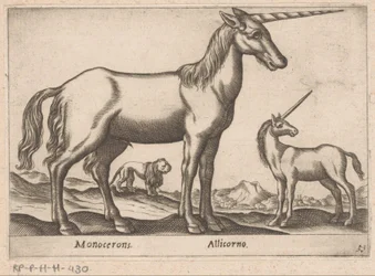 Dwa jednorożce i lew Monoceron/ Allicorno (tytuł na obiekcie) Zwierzęta i mityczne stworzenia (tytuł serii) Nova raccolta de li animali piu curiosi del mondo (tytuł serii)