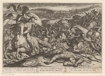 Samobójstwo Saula po jego klęsce zadanej przez Filistynów. Saul post cladem et necem fillor sibl morte conscivit (tytuł na obiekcie). Sceny bitewne ze Starego Testamentu (tytuł serii)