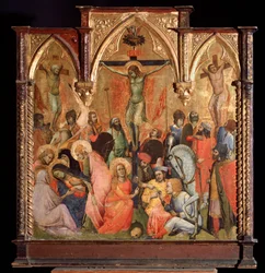 Ukrzyżowanie, z dwoma złodziejami ukrzyżowanymi z Jezusem Chrystusem (tempera i złoto na panelu)