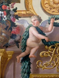 Fragment muralu przedstawiający cherubina trzymającego wieniec laurowy i girlandę, Dom Bankietowy