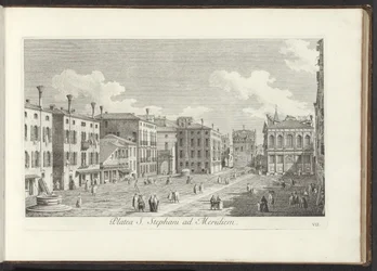 Gezicht op Campo Santo Stefano te Venetië Plac św. Szczepana na południe (tytuł na obiekcie) Gezichten op bugemenen en pleinen in Venetië (tytuł serii) Najsłynniejsze widoki Wenecji z 38 paneli Kanału Antoniusza, wydrukowane na mosiądzu przez Antonio Viss