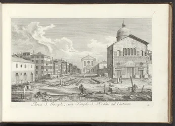 Gezicht op de Chiesa di San Giuseppe di Castello te Venetië Rejon św. Józefa, ze Świątynią św. Mikołaja na Zamku (tytuł na obiekcie) Gezichten op bugemenen en pleinen in Venetië (tytuł serii) Bardziej znane widoki Wenecji z obrazów Antoniusa Canal