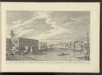 Gezicht op het Canal Grande te Venetië Stąd do domów publicznych Rivoalti, po drugiej stronie od SS. Apostołowie do Grimana House (tytuł na obiekcie) Najsłynniejsze widoki Wenecji z 38 paneli Antoniusa Canal, wydrukowane na mosiądzu przez Antonio Vissentin