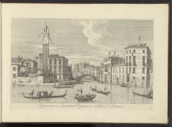 Gezicht op het Cannaregio en Palazzo Labia te Venetië Wejście do Kanału Królewskiego z domu św. Jeremiasza (tytuł na obiekcie) Najsłynniejsze widoki Wenecji z 38 plansz Antoniusa Canal wydrukowanych na powietrzu przez Antonio Vissentiniego, podzielone na t