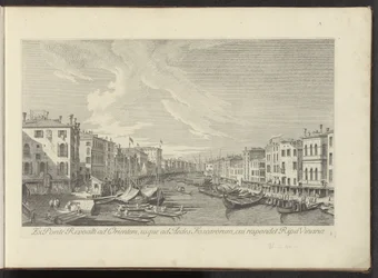 Gezicht vanaf de Rialtobrug op het Canal Grande te Venetië Od Ponte Rivoalti na wschód, do Aedes Foscarorum, któremu odpowiada Ripa Vinaria (tytuł na obiekcie) Najsłynniejsze widoki Wenecji z 38 paneli Antoniusa Canal, wydrukowane na mosiądzu przez A