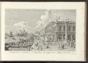 Hoek van het San Marcoplein met de Biblioteca Marciana Widok z kolumny św. Teodora na wejście do Canal Grande (tytuł na obiekcie) Najsłynniejsze widoki Wenecji, z 38 paneli Antoniusa Canal z mosiądzu, wydrukowane przez Antonio Vissentiniego w częściach t