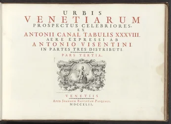 Titelprent met een naakte vrouwenfiguur met schild, helm en boek Najsłynniejsze widoki Wenecji z 38 paneli Antoniusa Canal, wydrukowane na mosiądzu przez Antonio Vissentiniego, podzielone na trzy części. trzecia część (tytuł serii na obiekcie)