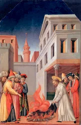 „Cud Ognia Świętego Piotra Męczennika (Piotra z Werony, ok. 1205-1252) przed sułtanem”” (Cud Świętego Ognia przed sułtanem) Obraz Antonio Vivariniego (ok. 1440-1480), ok. 1440 - Olej na desce Format 52x34 cm Staatliche Museen, Berlin