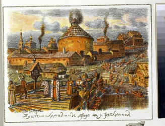 Pralnia na rzece Neglinnaya (Neglimna, Neglinna, Neglinka), w XVII wieku. Praca Appolinariego Mikhaylovicha Vasnetsova (1856-1933), litografia